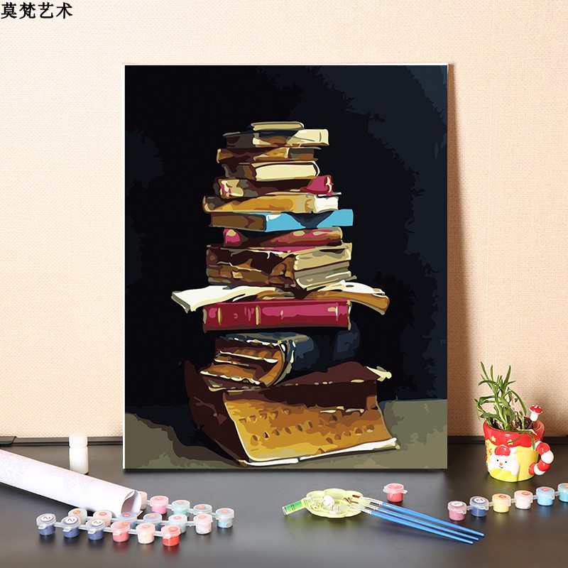 数字油画diy手工填充学业有成书籍书房装饰手绘涂色丙烯油彩画图片