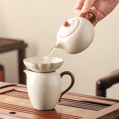 新品米黄汝窑茶具套装202v5新款中式茶壶盖碗茶杯整套泡茶家用轻