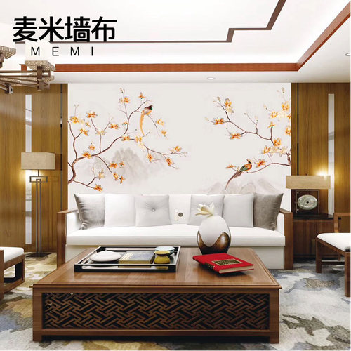 新品高端印加绣新中式花鸟独绣墙布客厅H沙发电视背景墙圆形卧室