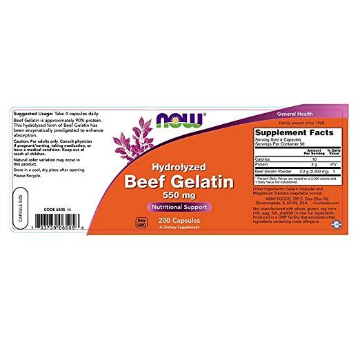 极速NOW Supplements, Beef GelatiFn 550 mg, 200 Capsules