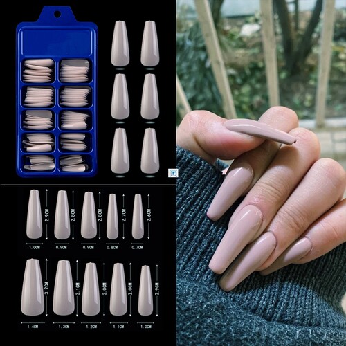 极速100Pcs Longk Ballerina Fake Nails Candy Colors Natural C
