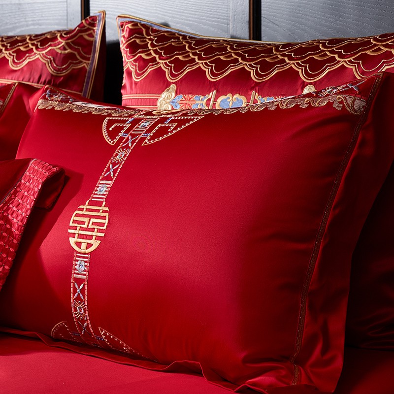 极速新中b式简约100s支长绒棉婚庆四件套结婚刺绣被套新婚陪嫁床