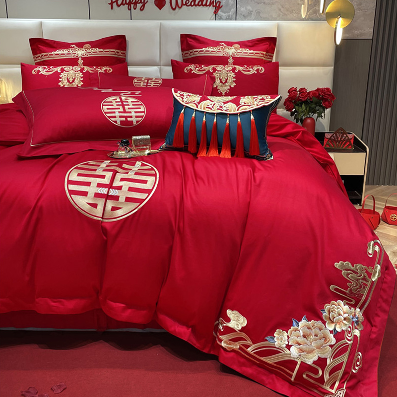 极速婚庆四件组大红色新婚床品刺A绣被套结婚礼婚房婚床单喜庆中