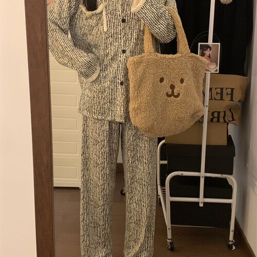 新品慵懒风e秋冬套装女长袖流苏边撞色睡衣休闲睡裤长裤子家居服