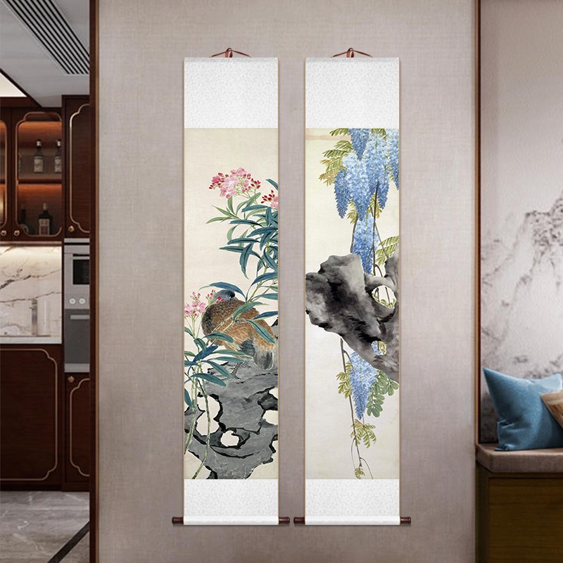 任伯年花b鸟四条屏卷轴挂画新中式水墨国画客厅沙发背景墙装饰壁