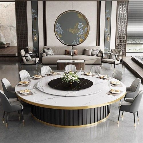 新款酒店电动大圆桌岩板转盘包厢轻奢高端会所别墅餐桌饭店火锅桌