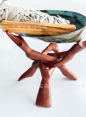 鼠尾草圣木棒燃烧工具红木支架原木支架三角架摆件底座手工工艺品