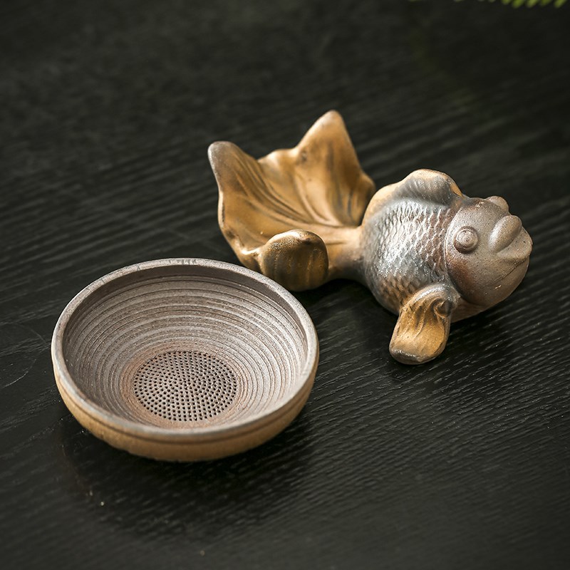 创意粗陶金鱼功j夫茶茶漏过虑网陶瓷茶滤一体高档托底茶具