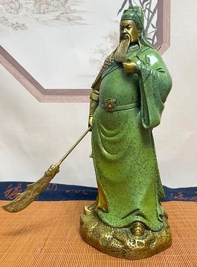 纯铜绿袍关公神像武m圣铜像摆件招财黄铜武财神关羽客厅开业关二