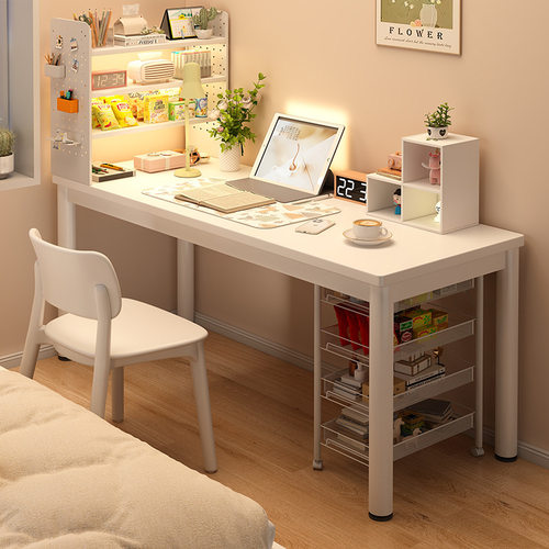 书桌书架一体靠墙卧室女生学习桌现代简约小白桌成人家用电脑桌子