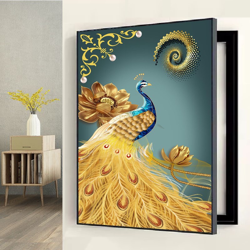 免打孔竖款侧开h电表箱装饰画遮挡配电箱电闸空开孔雀柿子竖版挂