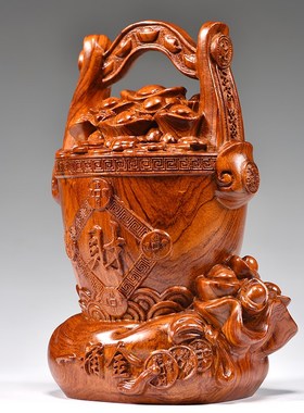 花梨实木雕刻一桶金摆件金元宝客C厅家居电视柜装饰工艺品开业送