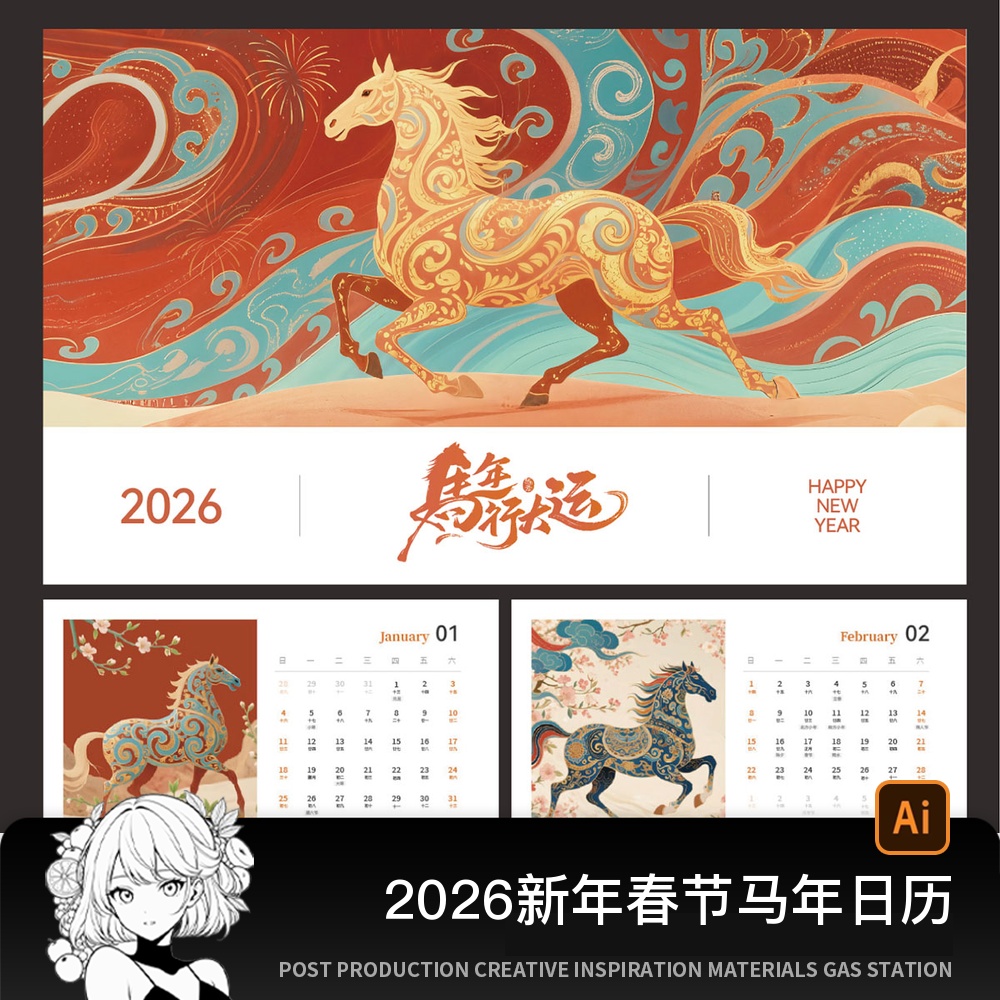 2026新年春节马年日历台历桌历模板中国风古典骏马图案AI设计素材