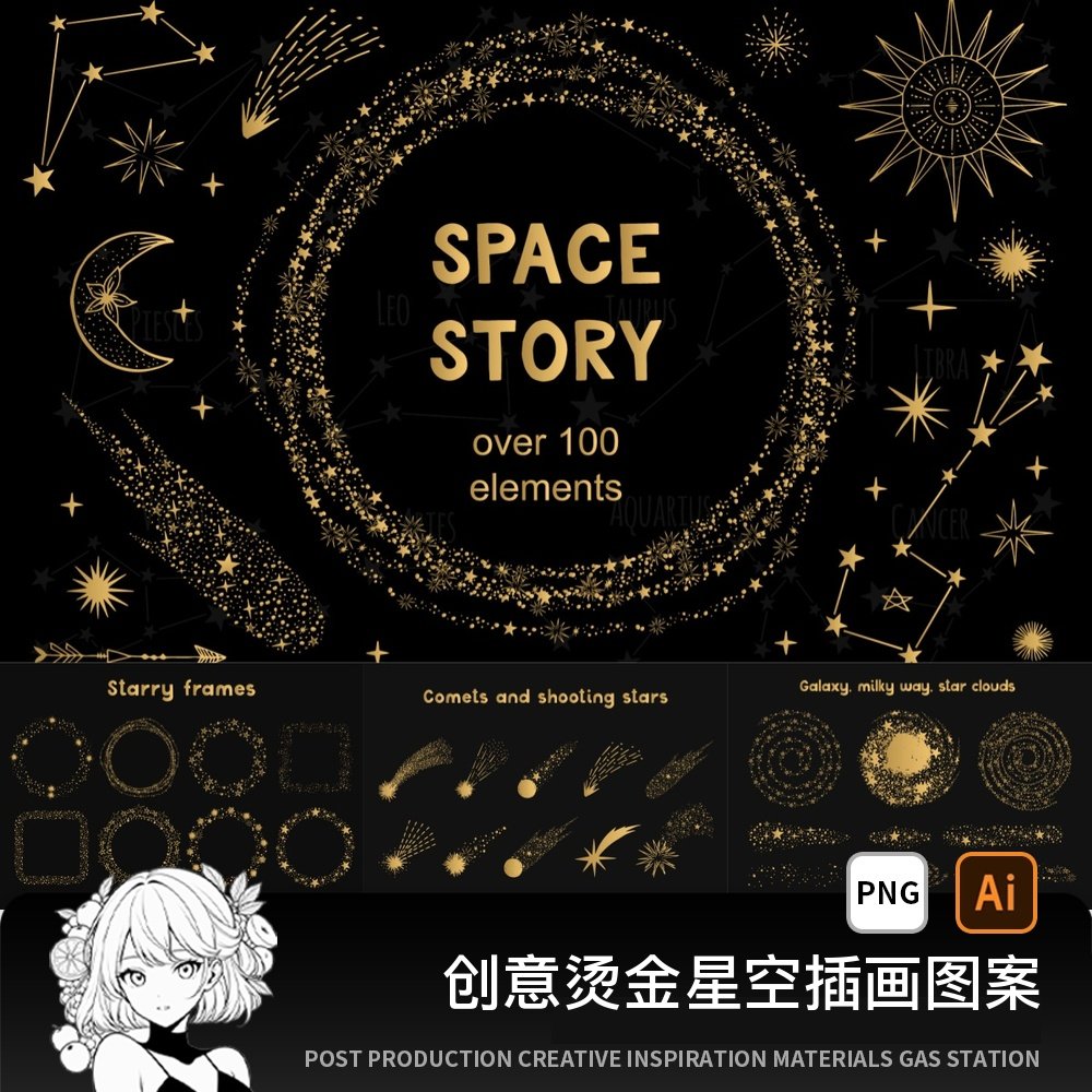 创意抽象烫金太空宇宙星空星座线稿插画图案AI矢量设计素材PNG