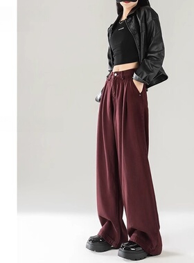 安可拉红色牛仔裤女秋季2025新款小个子梨形身材显瘦直筒阔腿裤子