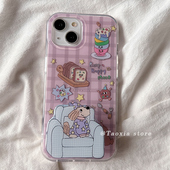 ins日韩可爱格纹小狗适用iPhone15promax手机壳苹果13保护壳17新款 软外p 16带支架14防摔硅胶12高级感全包女款