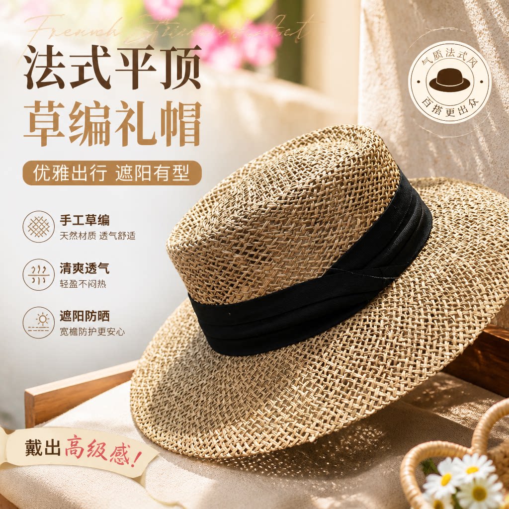 韩国草编草帽网红法式平顶礼帽女夏季英伦风出游度假镂空遮阳帽子