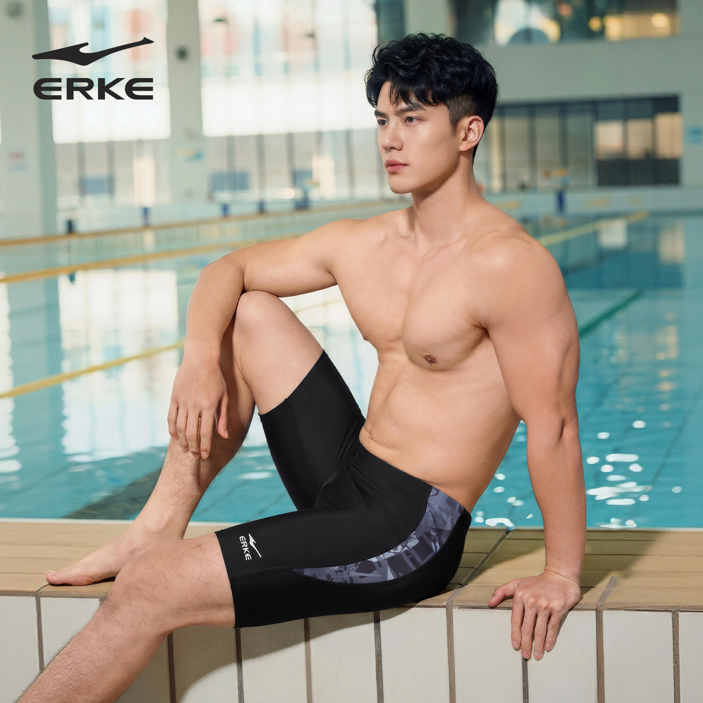 鸿星尔克男士泳裤防尴尬五分竞速套装专业训练高弹速干游泳馆装备