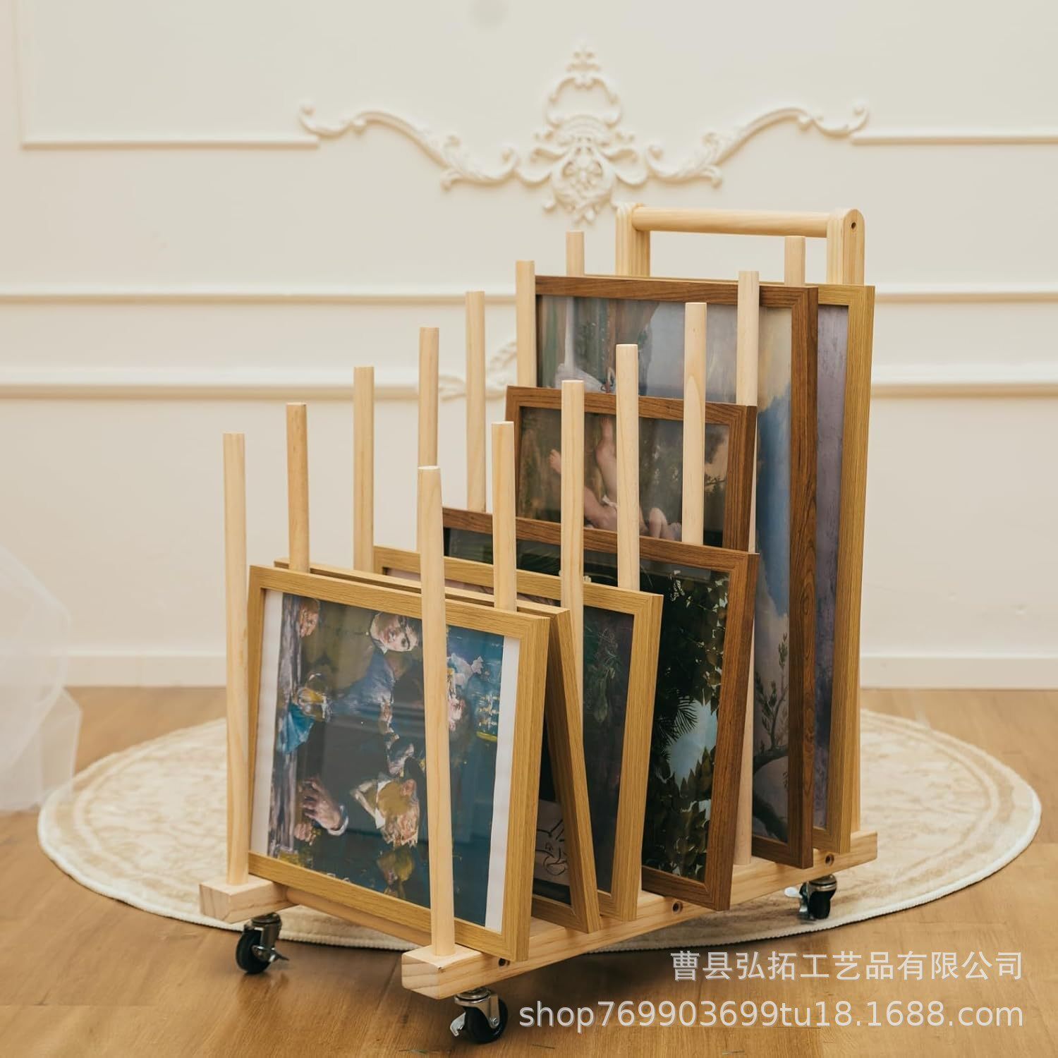 木质画画作品晾干架带轮滑可移动木制画板收纳架油画艺术品储物架