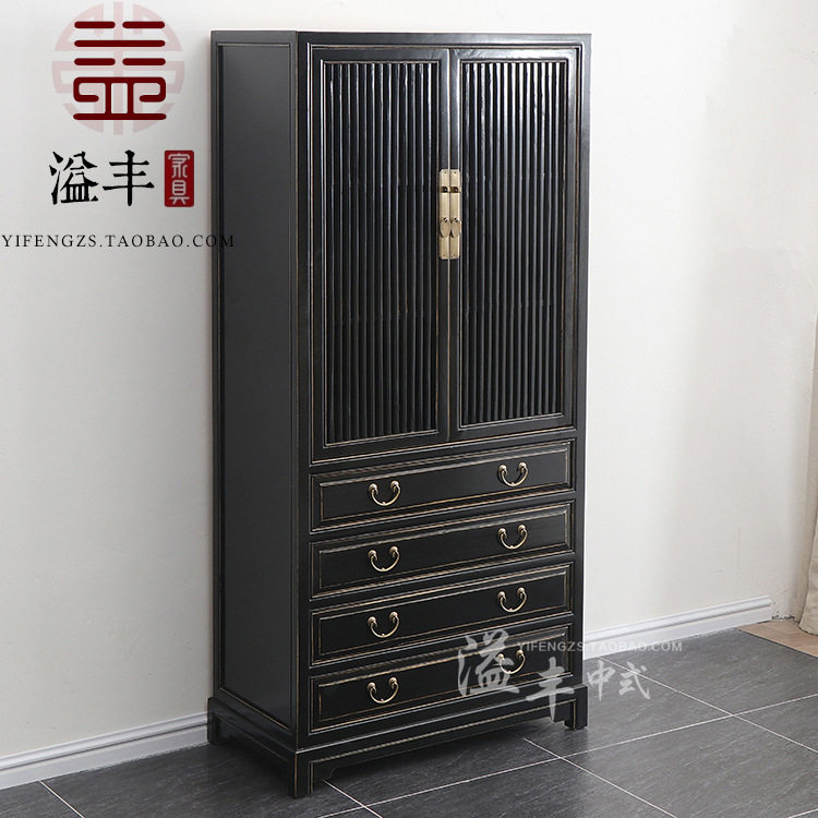 现代新中式仿古装饰柜榆木黑色磨边梳子书柜/全实木衣柜立柜