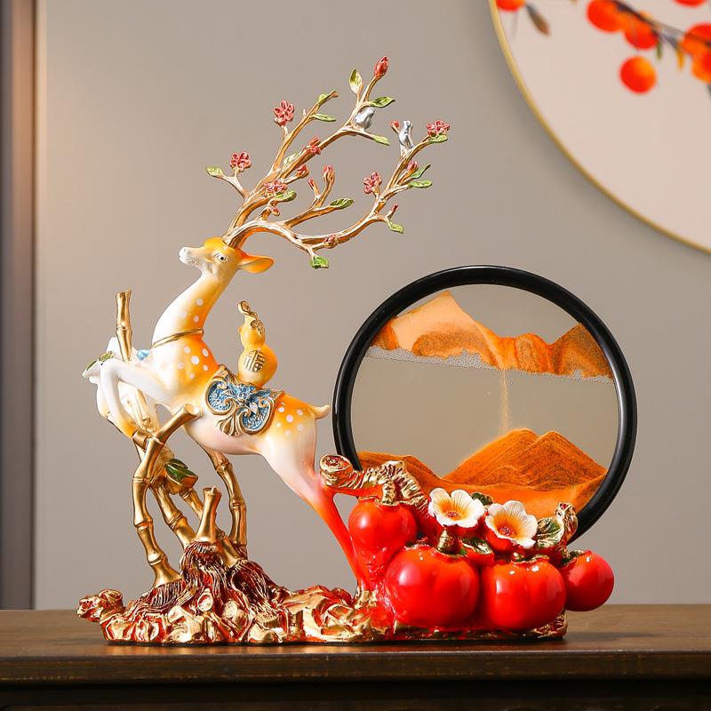 招财鹿解压沙漏流沙画摆件事事如意柿子客厅玄关酒柜电视柜装饰品图片