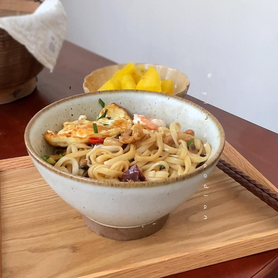 一家小店 幸福感满满 粗陶 中式覆古厚实高脚面碗 拌面 面卤肉饭