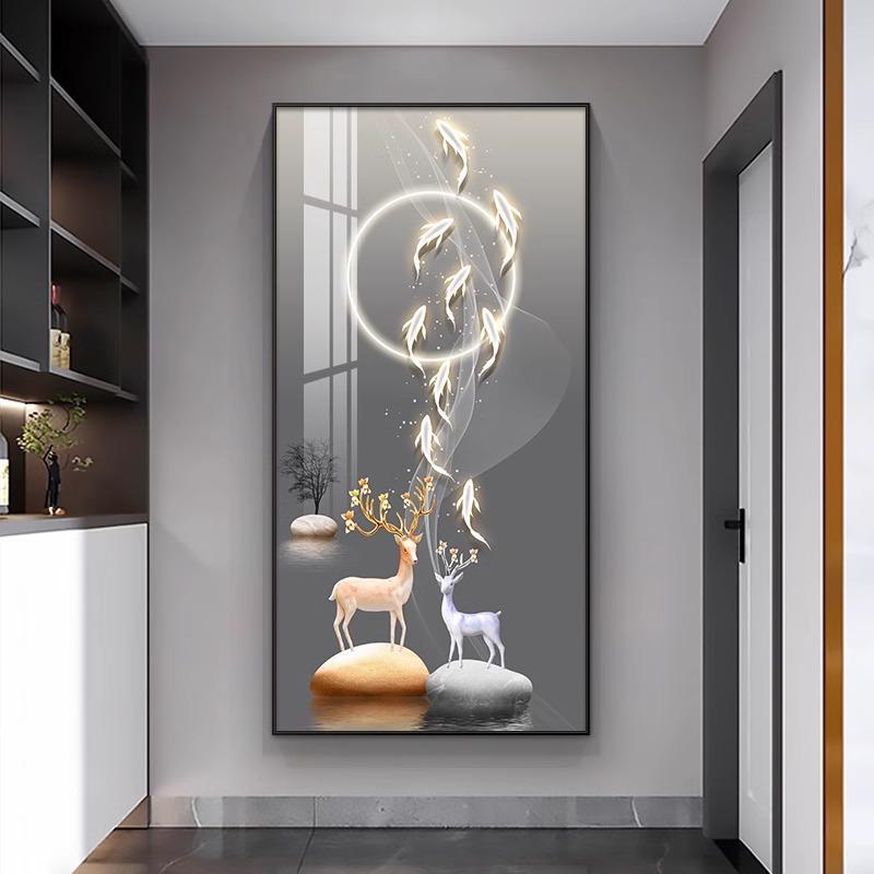 轻奢入户玄关装饰画进门客厅走廊过道挂画新款大气麋鹿竖版墙壁画