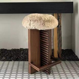 家用中古吧椅羊羔毛复古吧台高脚椅高级感实木侘寂风岛台吧凳椅子