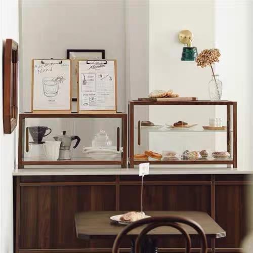 复古黑胡桃木实木玻璃面包展示柜咖啡店甜品茶具陈列架手办收纳柜