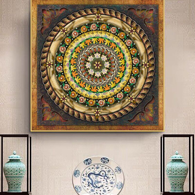 速发中式轻奢堂唐族卡描金壁画客厅挂画招财中藏画玄关背景画