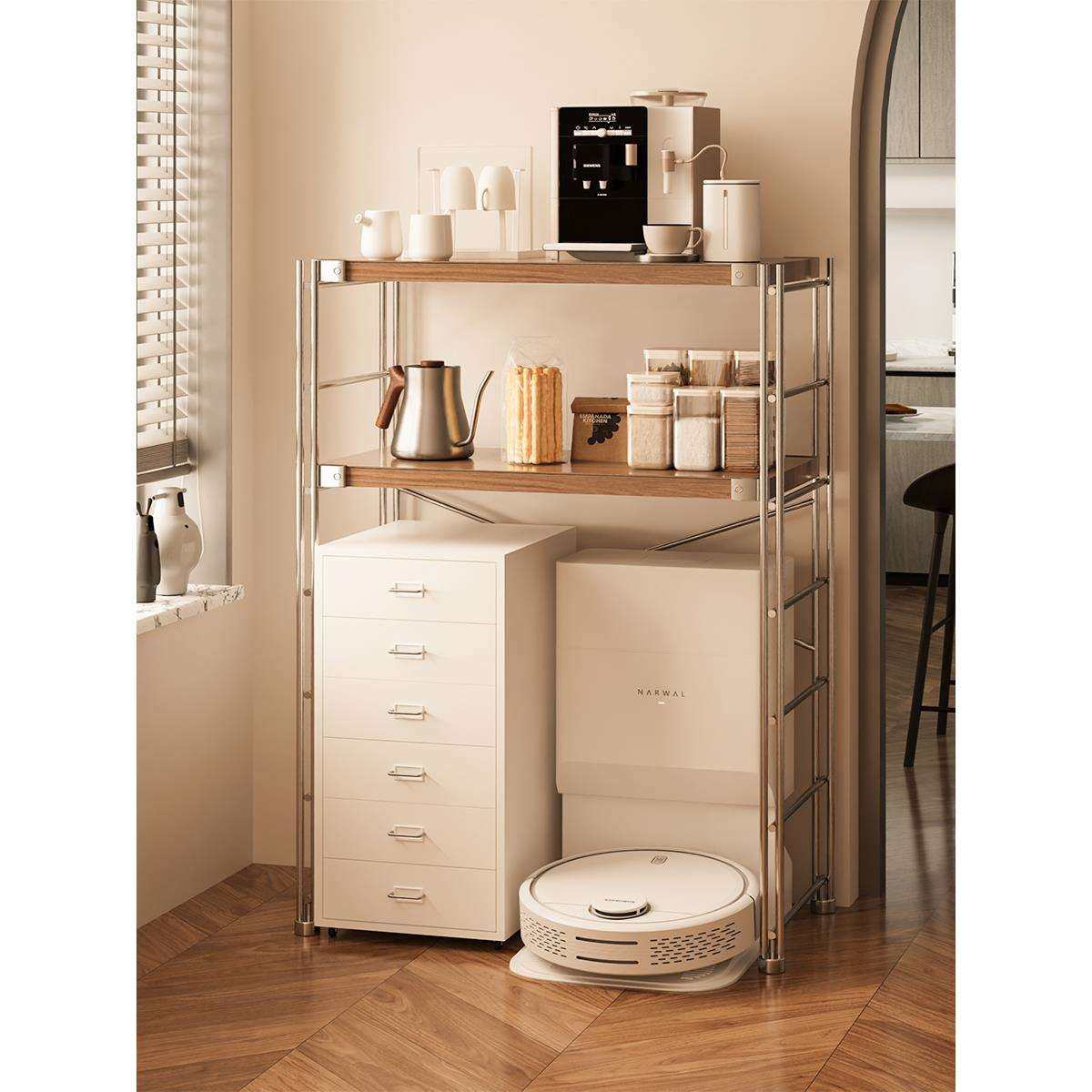 扫地机器人置物架落地多层可移动中古风下空储物架卧室客厅收纳架