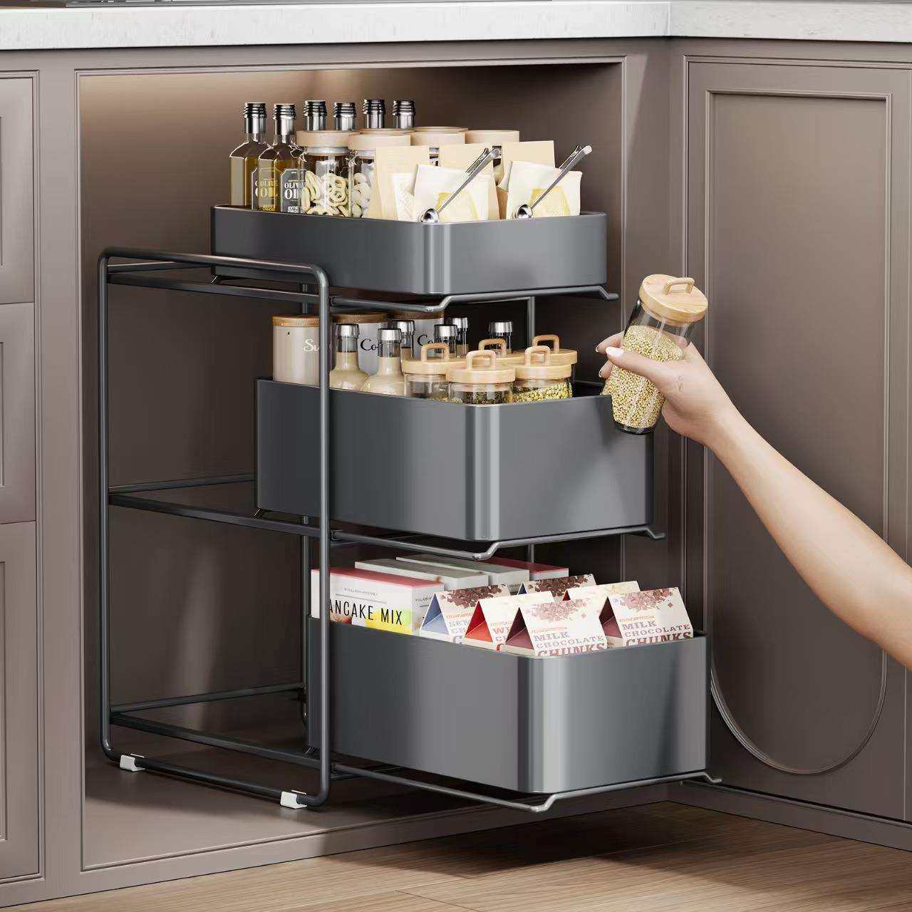 厨房橱柜拉篮抽屉式免安装下水槽置物架碗碟调料抽拉多层收纳拉篮