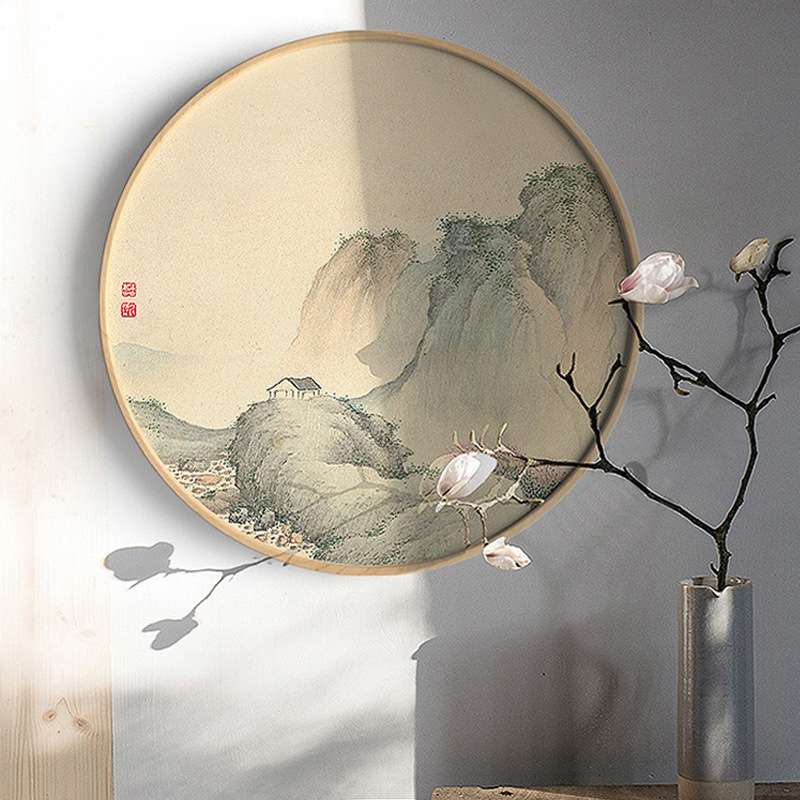 实木圆形新中式山水客厅装饰画玄关过道水墨国画民宿挂画风景壁画图片