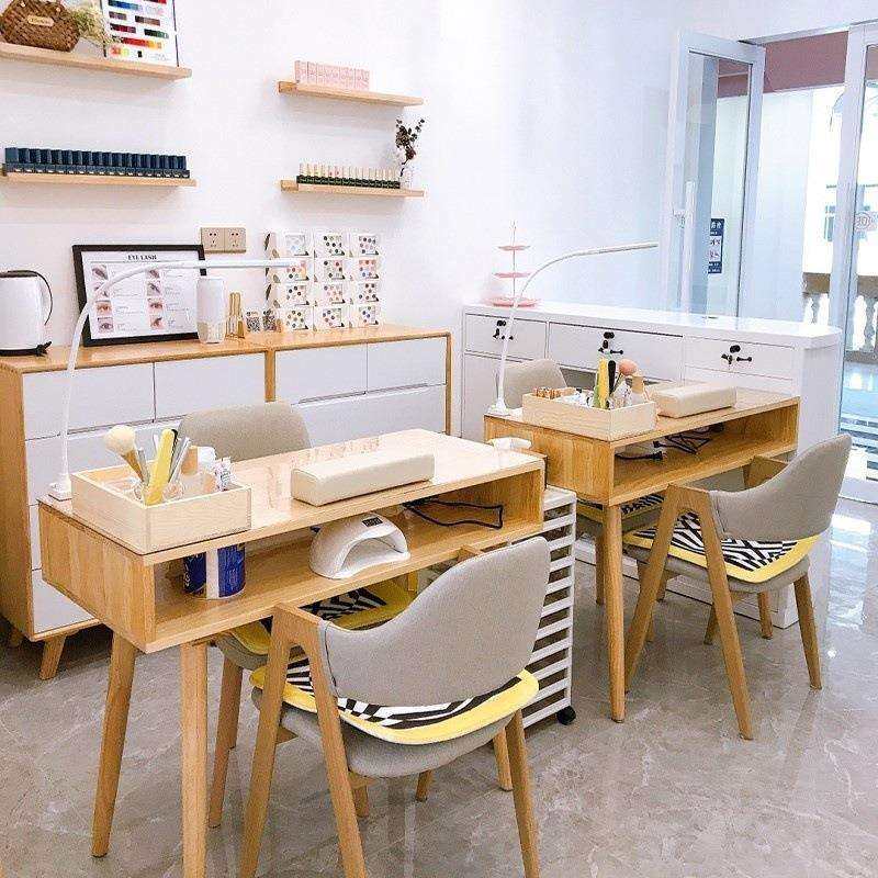 日式美甲桌实木单双人美甲台现代简约原木色美甲桌椅加吸尘器套装