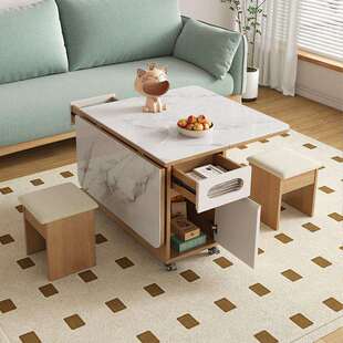 岩板茶几餐桌两用客厅沙发边几角几折叠边柜多功能小推车茶台窄桌