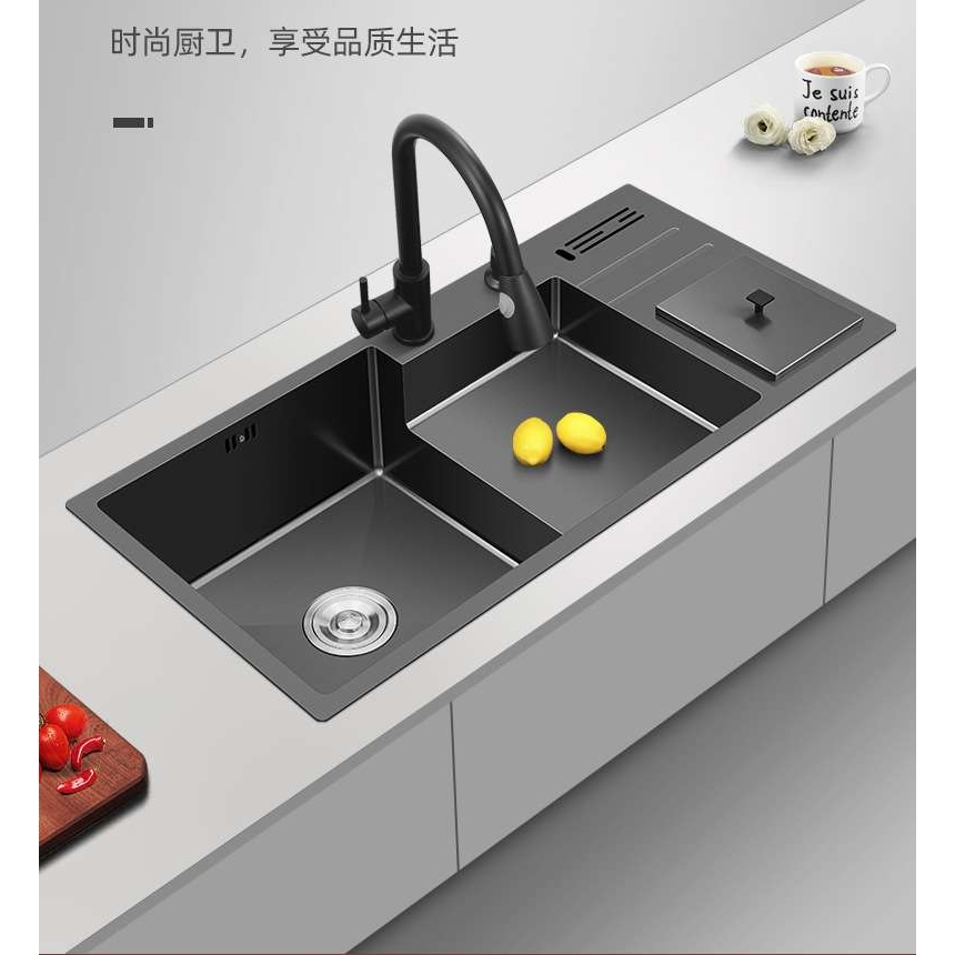 黑纳米手工水槽单槽洗碗双槽盆304不锈钢带垃圾桶大号钢盆台中盆