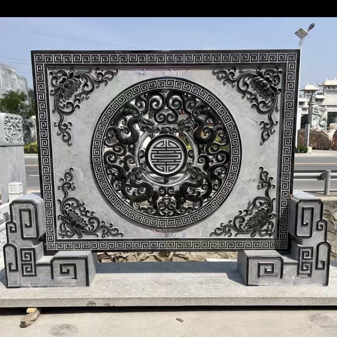 门口镂空屏风影背墙景观装饰大理石浮雕山水画新中式庭院石雕照壁