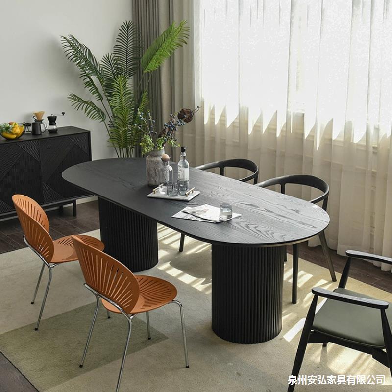 法式实木餐桌极简设计师椭圆形会议办公工作台黑色原木长条吃饭桌