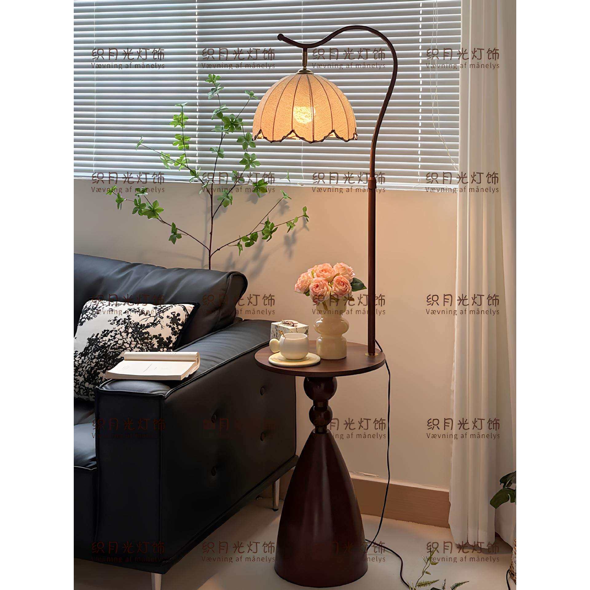 客厅落地灯沙发旁边小型边几置物架法式复古风卧室床头柜一体台灯