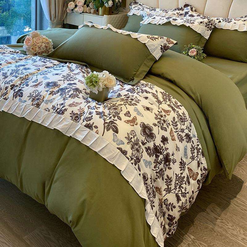 法式轻奢风水洗棉床笠款四件被套纯色床单款三件套床品