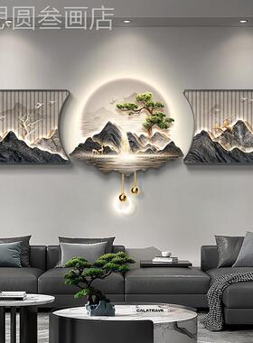 流水财新中画式客装饰大气山生水沙发背景墙挂画轻厅奢高档壁画灯