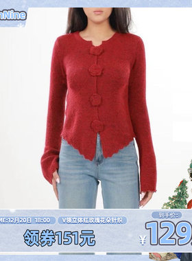 【五百推荐】现货ZC.TenNine 复古v领立体红玫瑰花朵针织打底衫女