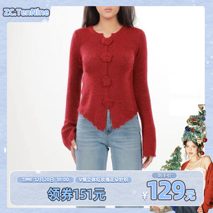 复古v领立体红玫瑰花朵针织打底衫 现货ZC.TenNine 女 五百推荐
