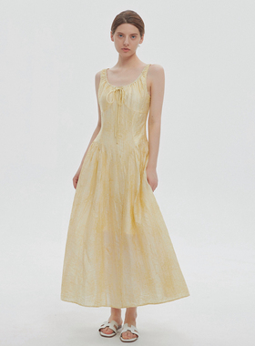 【限时清仓不退不换】黄色气质优雅无袖吊带收腰显瘦高腰连衣裙女