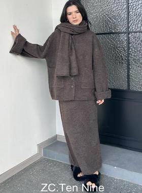 ZC.TenNine 咖色针织上衣外套半裙围巾三件套高级感小众毛衣套装