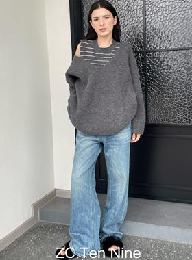 ZC.TenNine背心两件套v领毛衣条纹慵懒风高级感针织衫女高级感