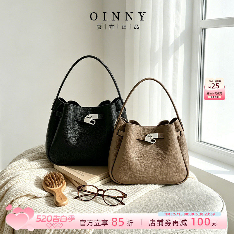 【夏季新款】Oinny新款凯莉包女牛皮水桶包通勤手提黑色包68941