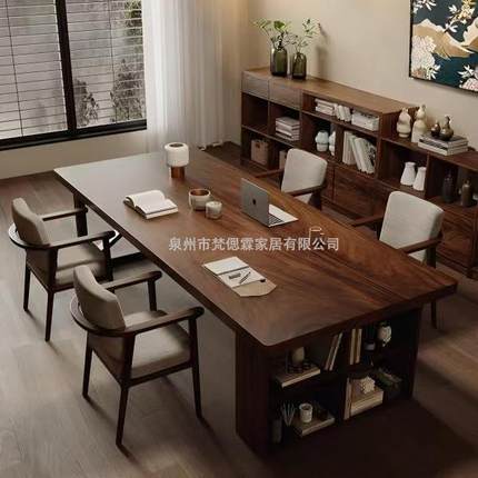 南美胡桃木去客厅化大长书桌书柜一体家用全实木大板学习办公桌子