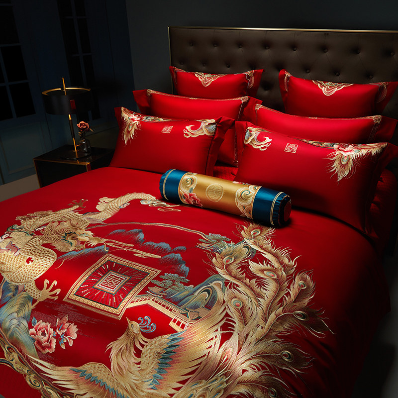 极速高端婚庆床j上用品四件套纯棉全棉十件套结婚礼大红色新婚喜