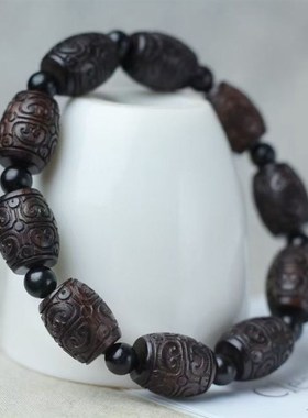 极速黑檀木佛珠手錬念p珠雕刻祥云鼓珠单圈男女回纹珠手串文玩佛